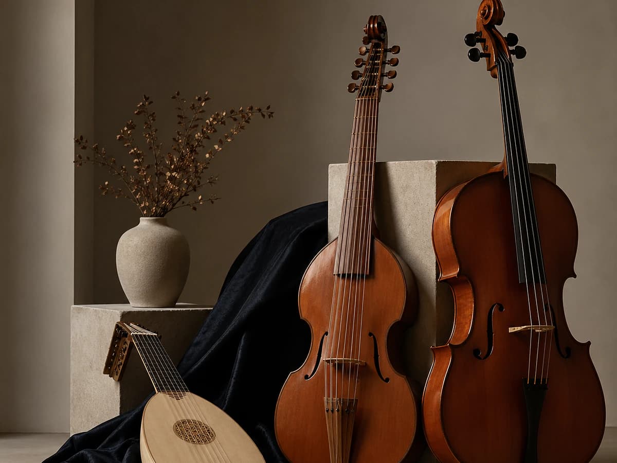Portada minimalista de concierto barroco con instrumentos de cuerda antiguos, laúd, viola da gamba y violonchelo en ambiente elegante.