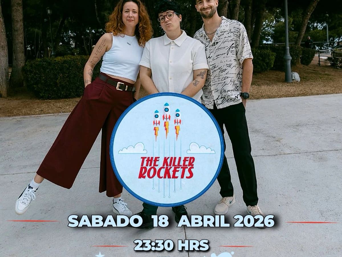 Promotional poster for The Killer Rockets at Premiere Club showing three band members posing outdoors next to the band logo. The concert takes place on Saturday, April 18, 2026 at 11:30 pm in Marbella.