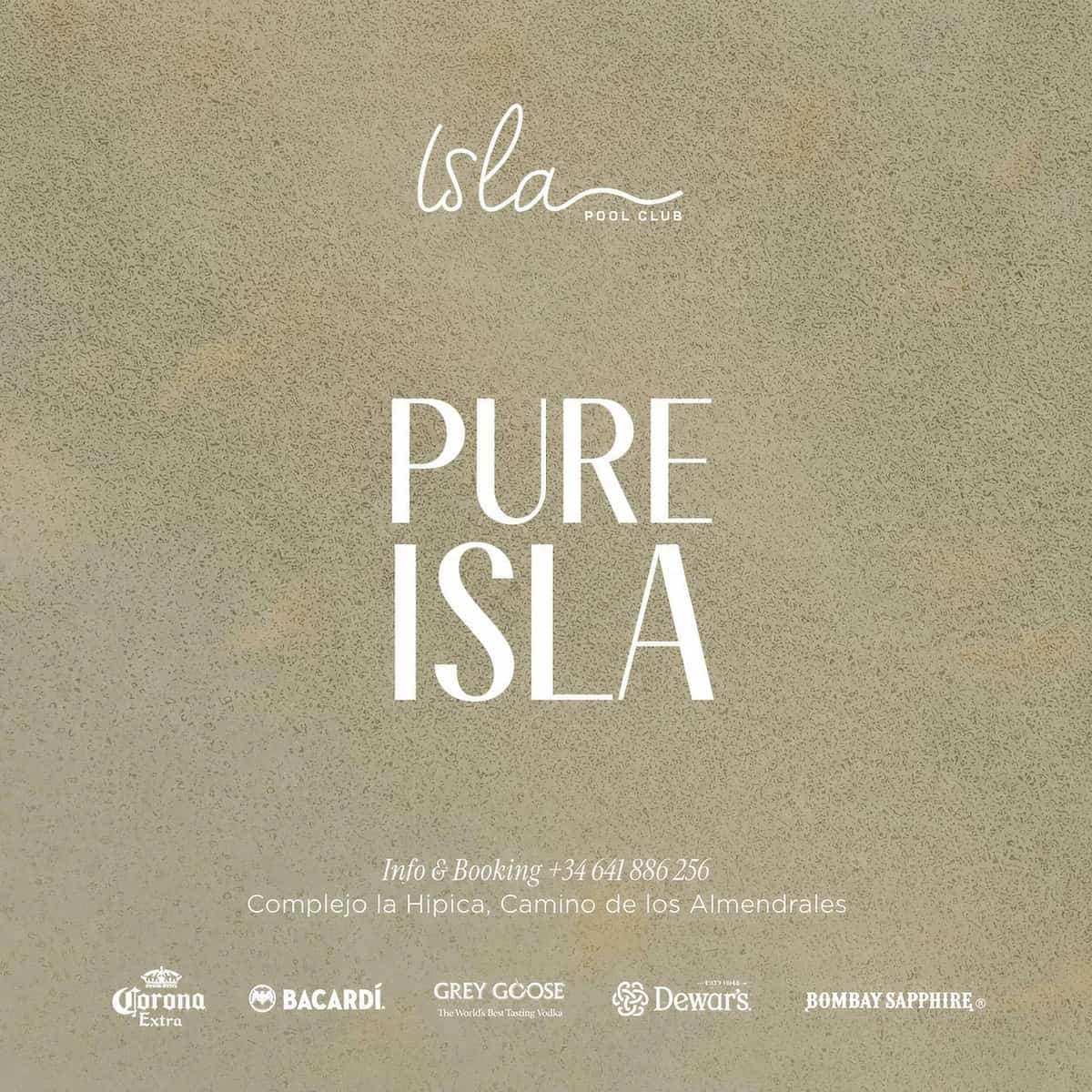 Cartel minimalista de PURE ISLA en tonos beige y arena, con logotipo de Isla Pool Club, nombre del evento y datos de reservas sobre fondo texturizado.