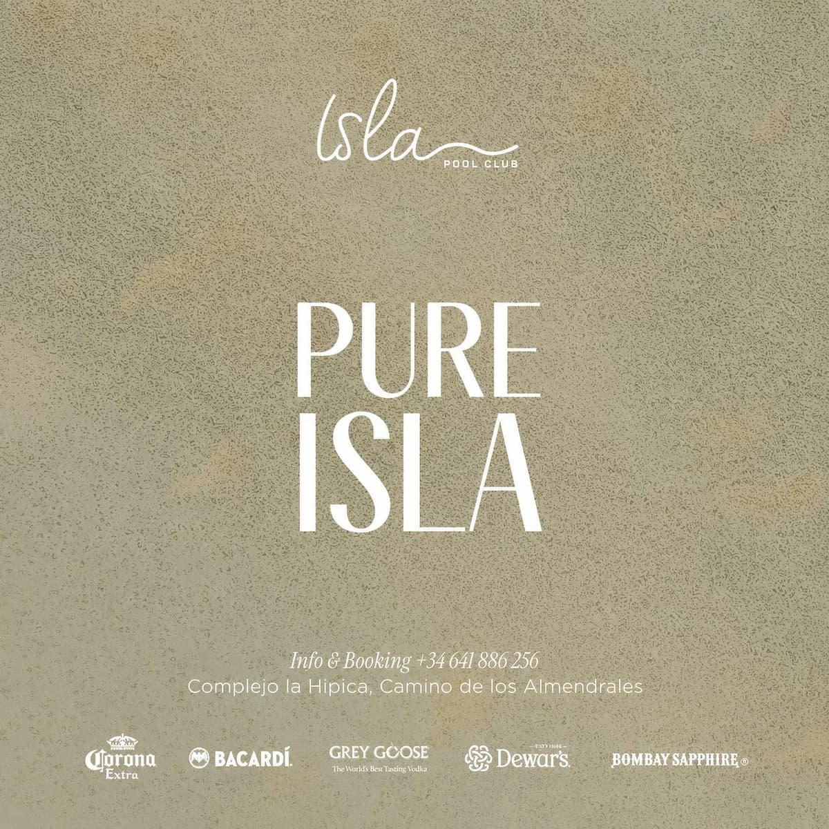 Cartel minimalista de PURE ISLA en tonos beige y arena, con logotipo de Isla Pool Club, nombre del evento y datos de reservas sobre fondo texturizado.