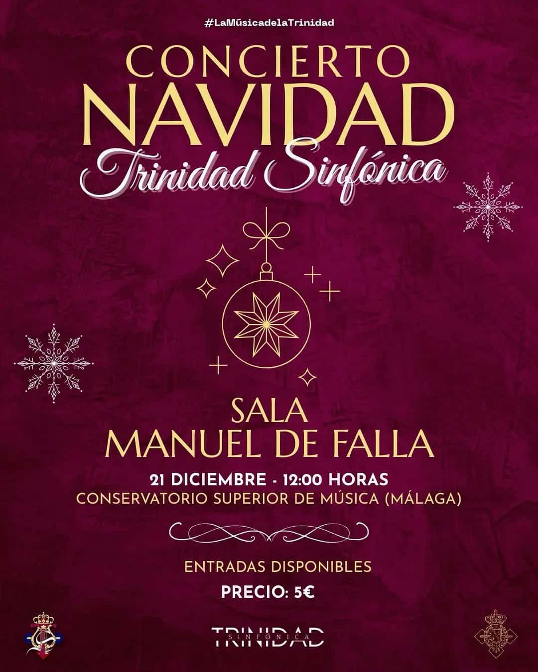 Cartel del evento con imágenes navideñas festivas para el Concierto de Navidad en Málaga el 21 de diciembre en la Sala Manuel de Falla, con detalles sobre entradas y ubicación.