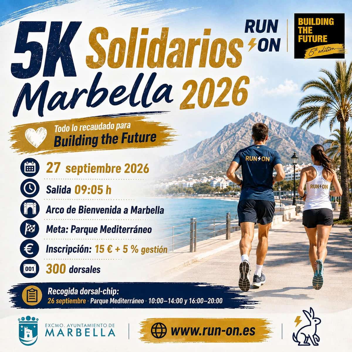Identidad de los 5K Solidarios Marbella junto a los logotipos de Marbella, RUN-ON y Building the Future en el reglamento oficial de la carrera.