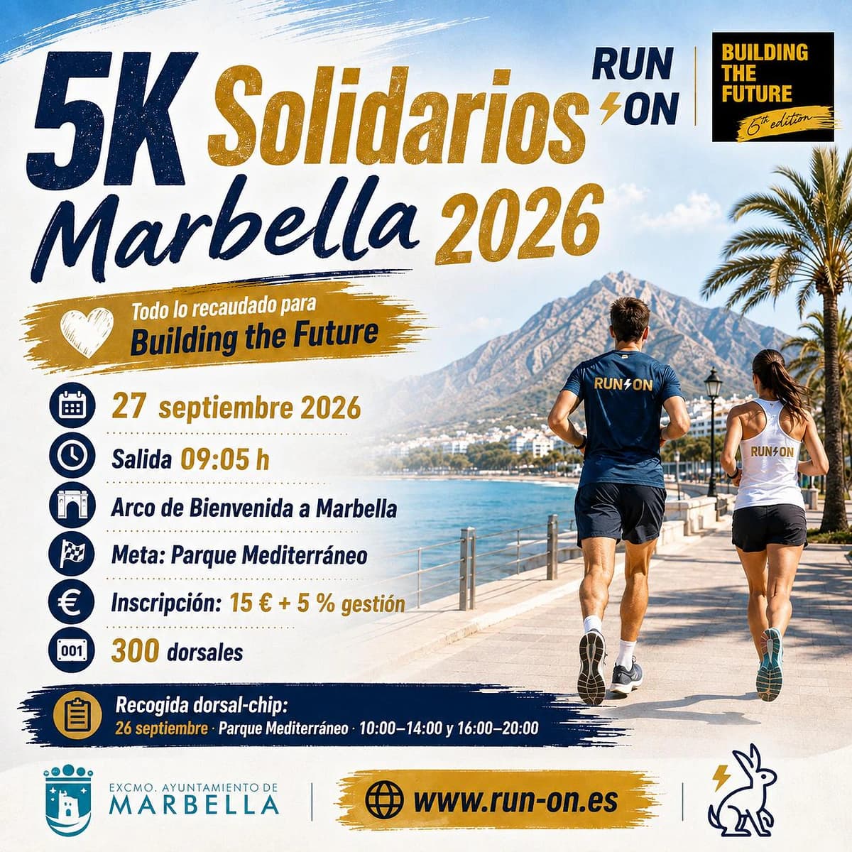 Identidad de los 5K Solidarios Marbella junto a los logotipos de Marbella, RUN-ON y Building the Future en el reglamento oficial de la carrera.