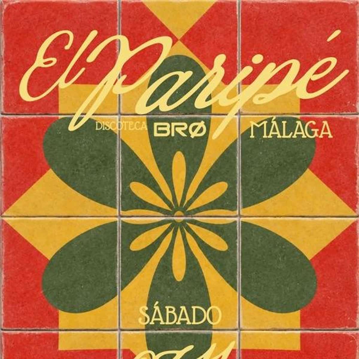 Cartel de azulejos rojos y amarillos de Paripé Tardeo en BRØ Málaga para el 7 de noviembre, con flor central.