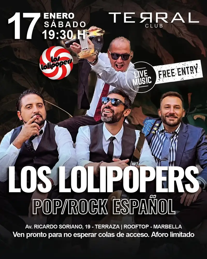 Concert poster for Los Lolipopers in Marbella, a Spanish pop rock band performing live at Terraza Club with free entry.