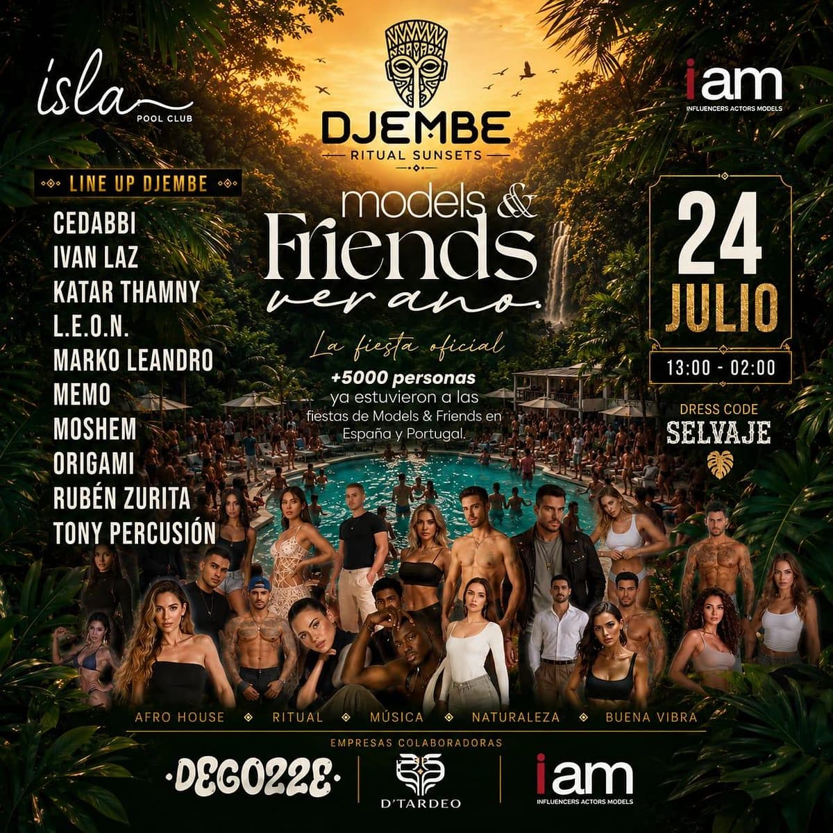 Cartel de DJEMBE Ritual Sunsets Models & Friends Verano en Isla Pool Club Málaga, con estética selvática, piscina, modelos, música Afro House y evento de tardeo el 24 de julio.