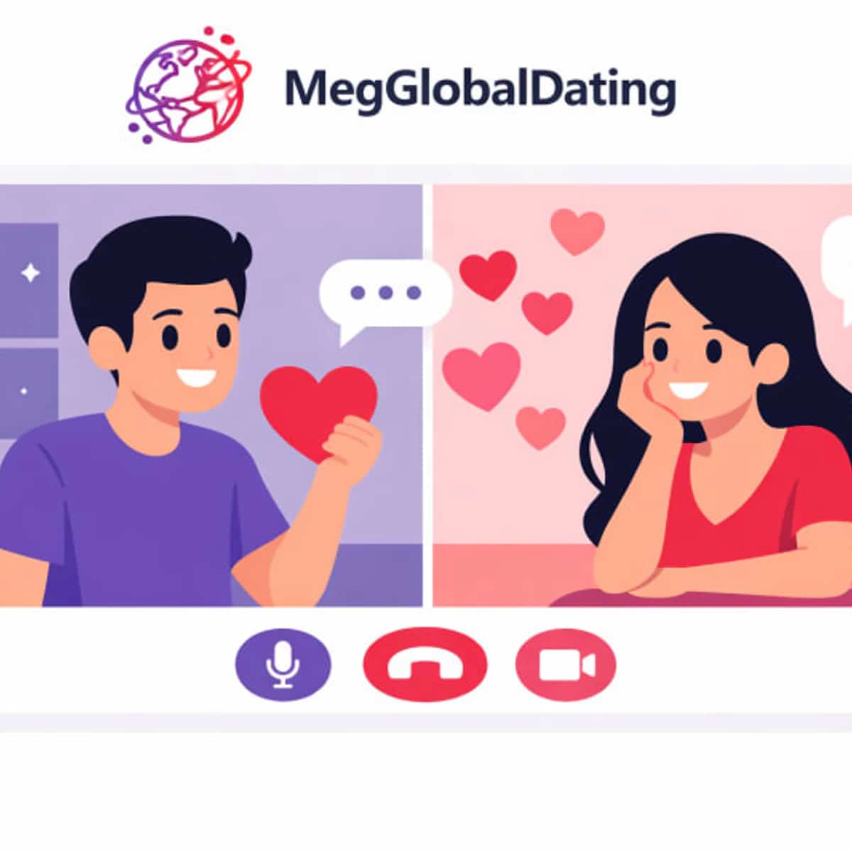 Imagen promocional de MegGlobalDating para un evento online de citas rápidas bilingües, con un hombre y una mujer conversando por videollamada en español e inglés.