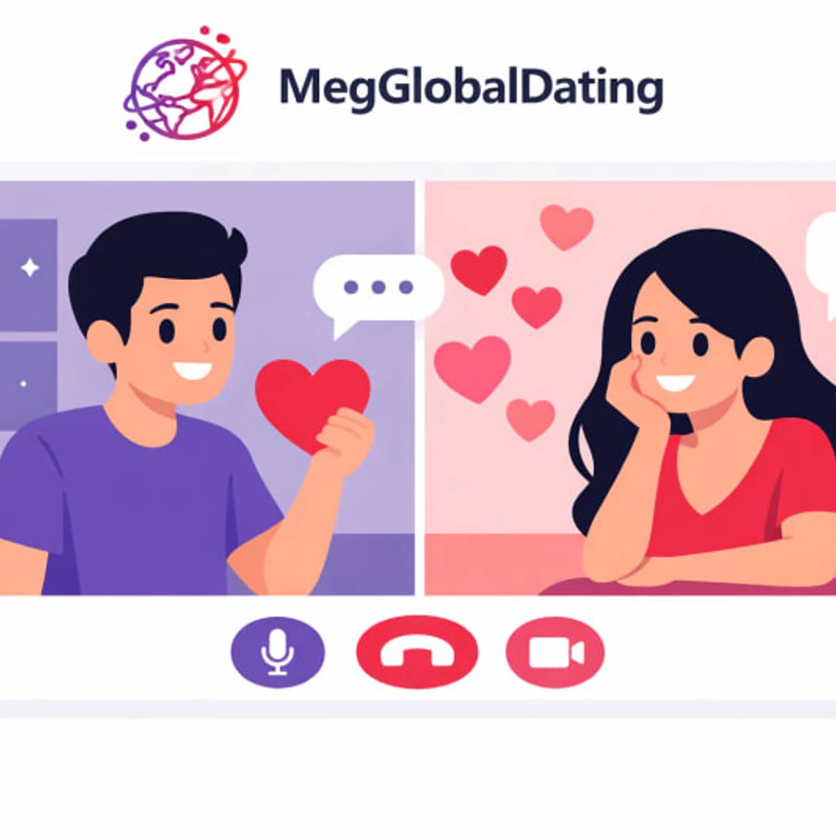 Imagen promocional de MegGlobalDating para un evento online de citas rápidas bilingües, con un hombre y una mujer conversando por videollamada en español e inglés.
