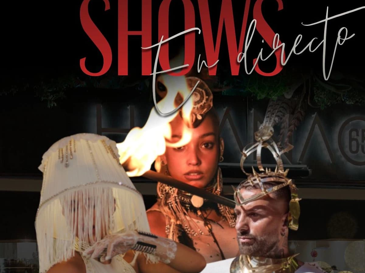 Cartel de evento nocturno en Havana 65 con performers, fuego y vestuario esc茅nico para una noche de show y club en San Pedro Alc谩ntara.