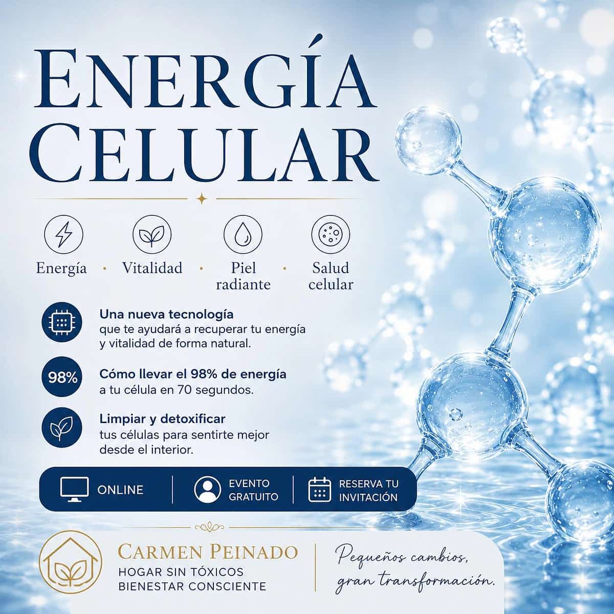 Cartel de evento online de Carmen Peinado sobre energía celular, vitalidad, detox celular, bienestar consciente y apoyo celular con estética verde natural.