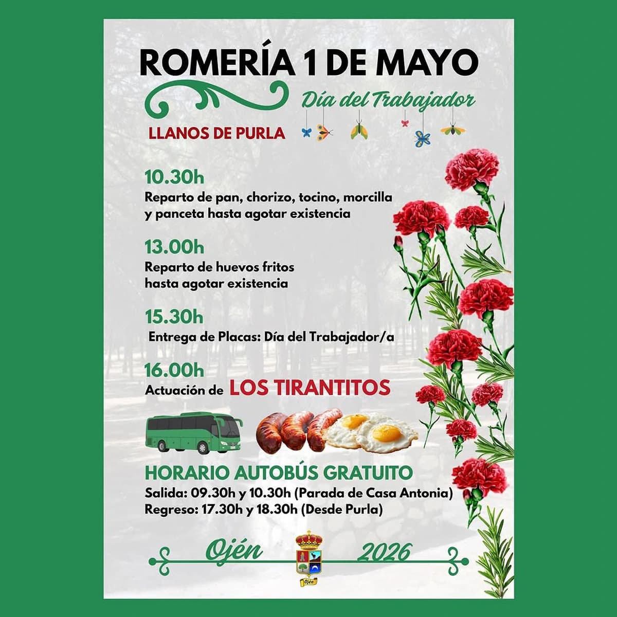 Cartel de la Romería del 1 de Mayo en Llanos de Purla, Ojén 2026, con horarios de comida popular, entrega de placas, actuación de Los Tirantitos y autobús gratuito.