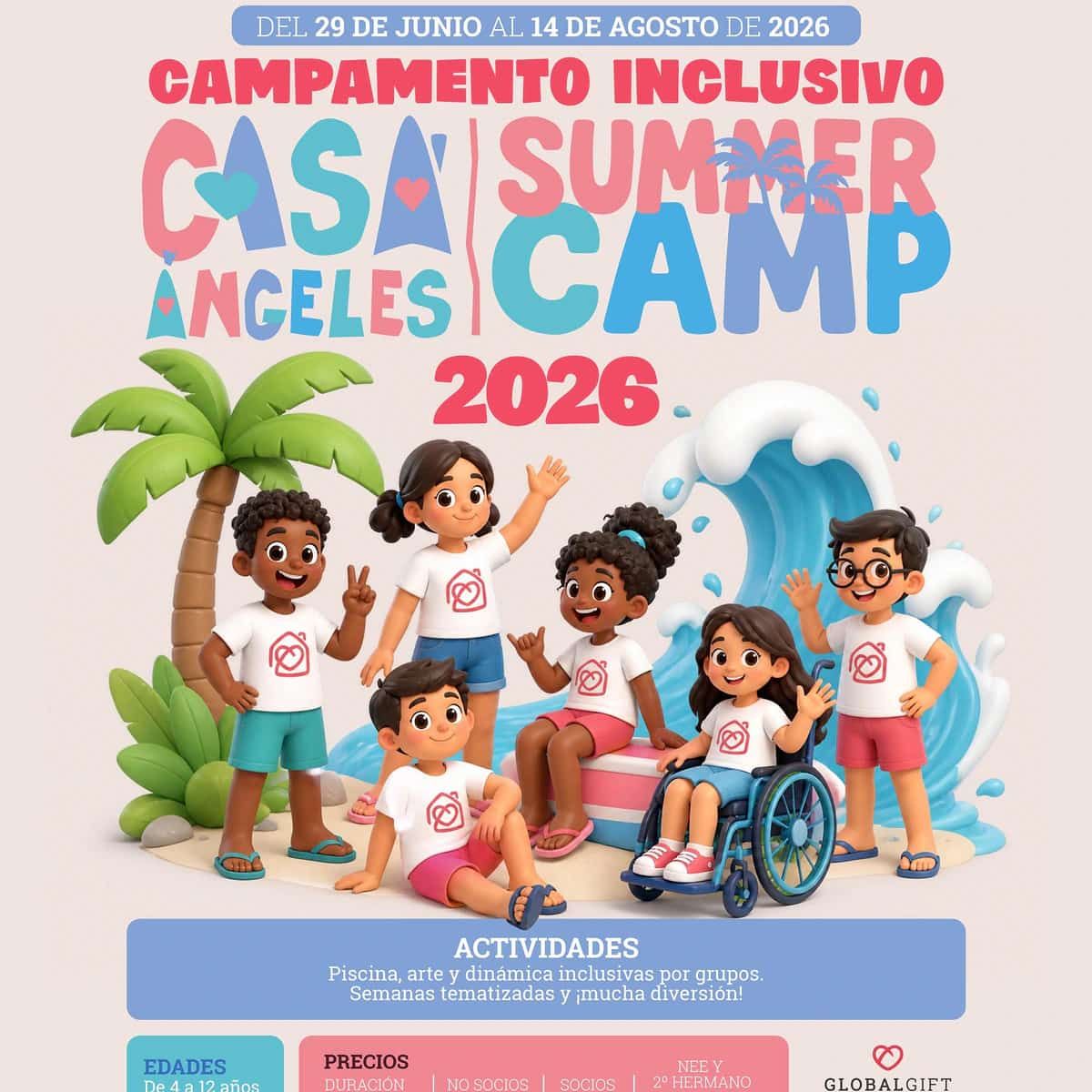 Poster for Casa Ángeles Inclusive Summer Camp 2026 with children, a palm tree, a wave and details of the inclusive summer camp in Marbella.