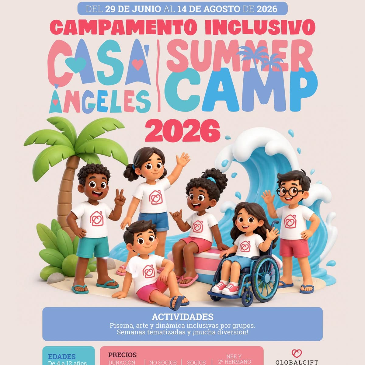 Poster for Casa Ángeles Inclusive Summer Camp 2026 with children, a palm tree, a wave and details of the inclusive summer camp in Marbella.