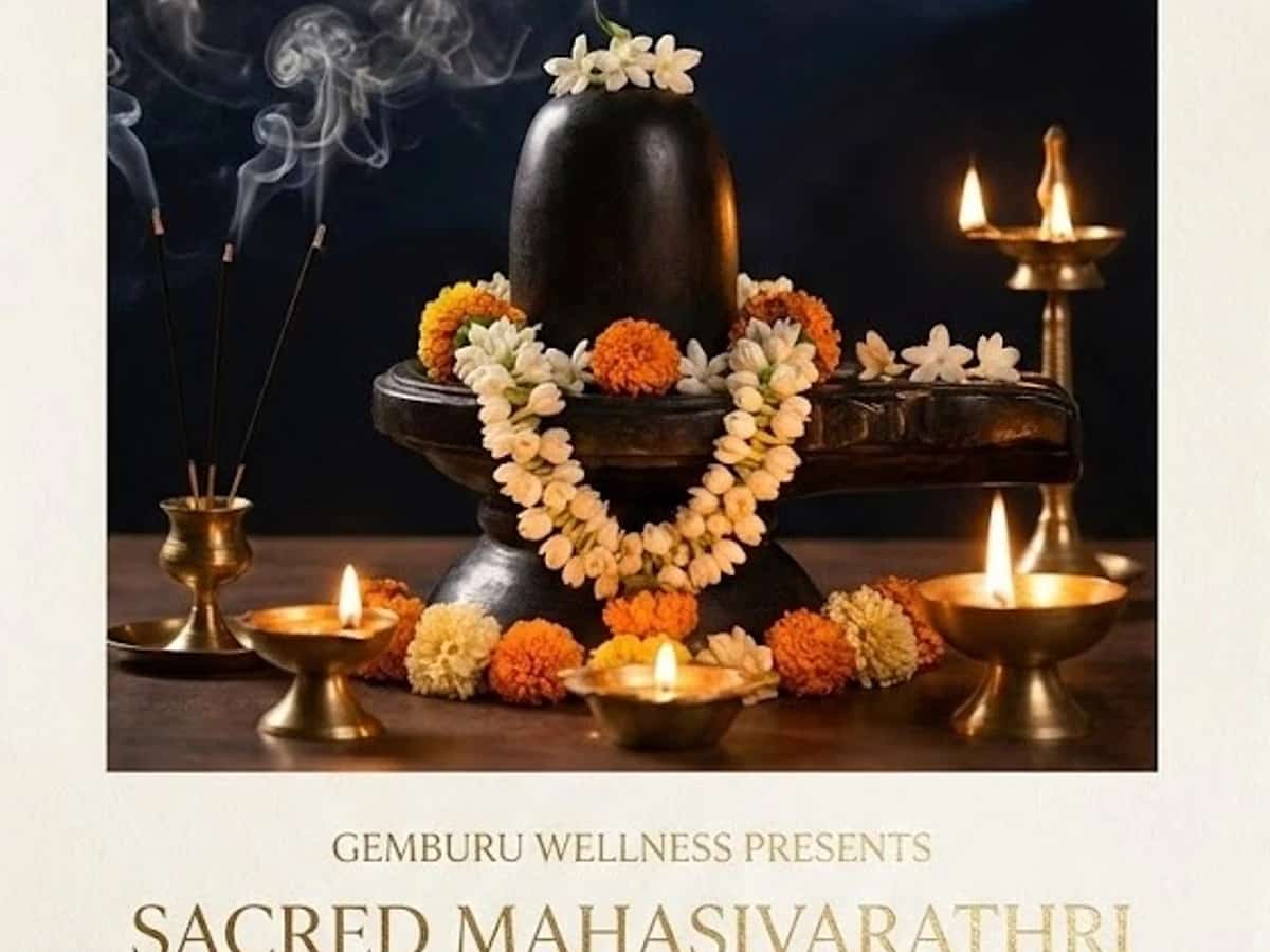 Invitation poster for Mahasivarathri Night at Gemburu Wellness Marbella featuring a sacred Shiva lingam adorned with flowers, candles, and a silhouette of Lord Shiva in a starry sky.