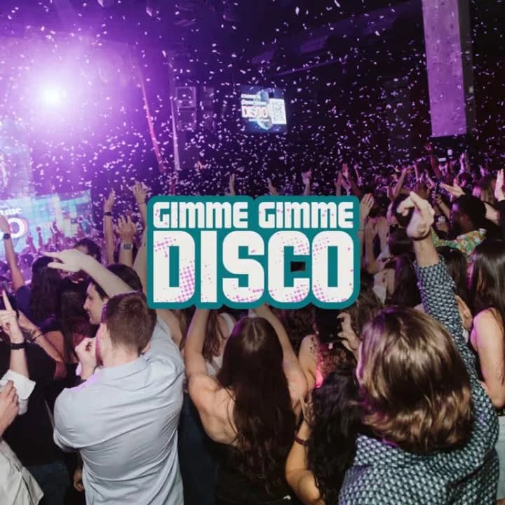 Póster de fiesta de baile disco de ABBA para Gimme Gimme Disco en Málaga 2026
