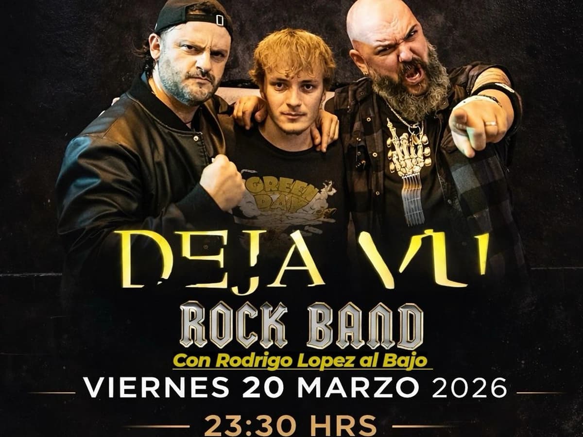 Cartel promocional de Deja Vu Rock Band en Premiere Club con tres miembros de la banda posando en primer plano sobre fondo oscuro. El concierto es el viernes 20 de marzo de 2026 a las 23:30 h, con entrada libre.