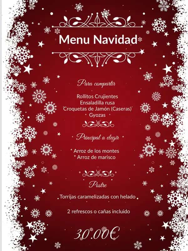 Cartel del evento que muestra menús navideños disponibles en Marbella hasta el 5 de enero, presentando platos festivos y contacto para reservas.