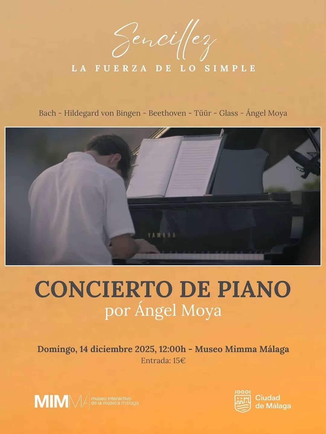 Cartel del evento de lanzamiento del álbum 'Sencillez' en MIMMA, Málaga, con fecha 14 de diciembre, 12:00 PM, con notas musicales y colores calmantes.