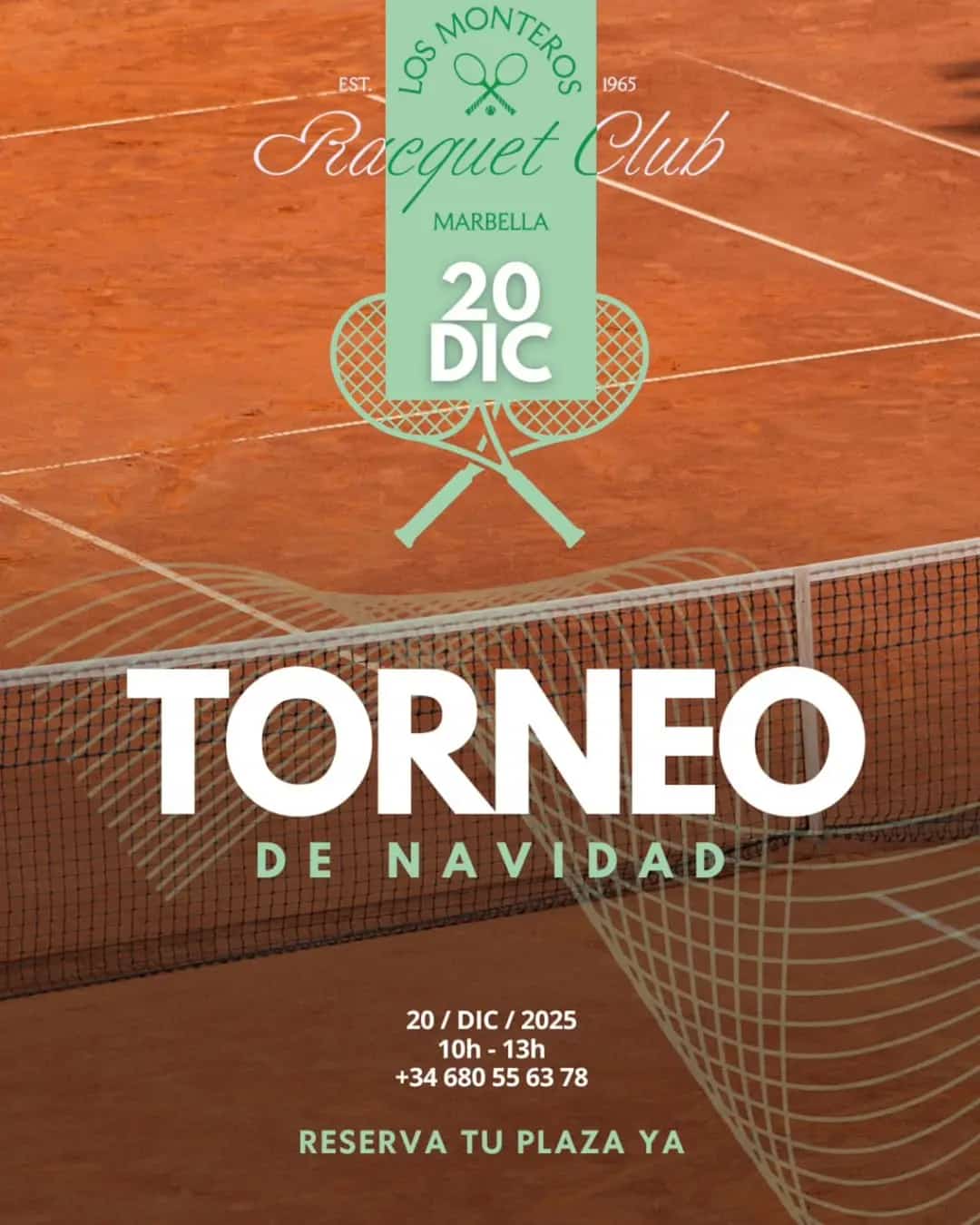 Poster image of a Christmas Tennis Tournament for kids at Los Monteros Racket Club on December 20 featuring festive decorations and event details.