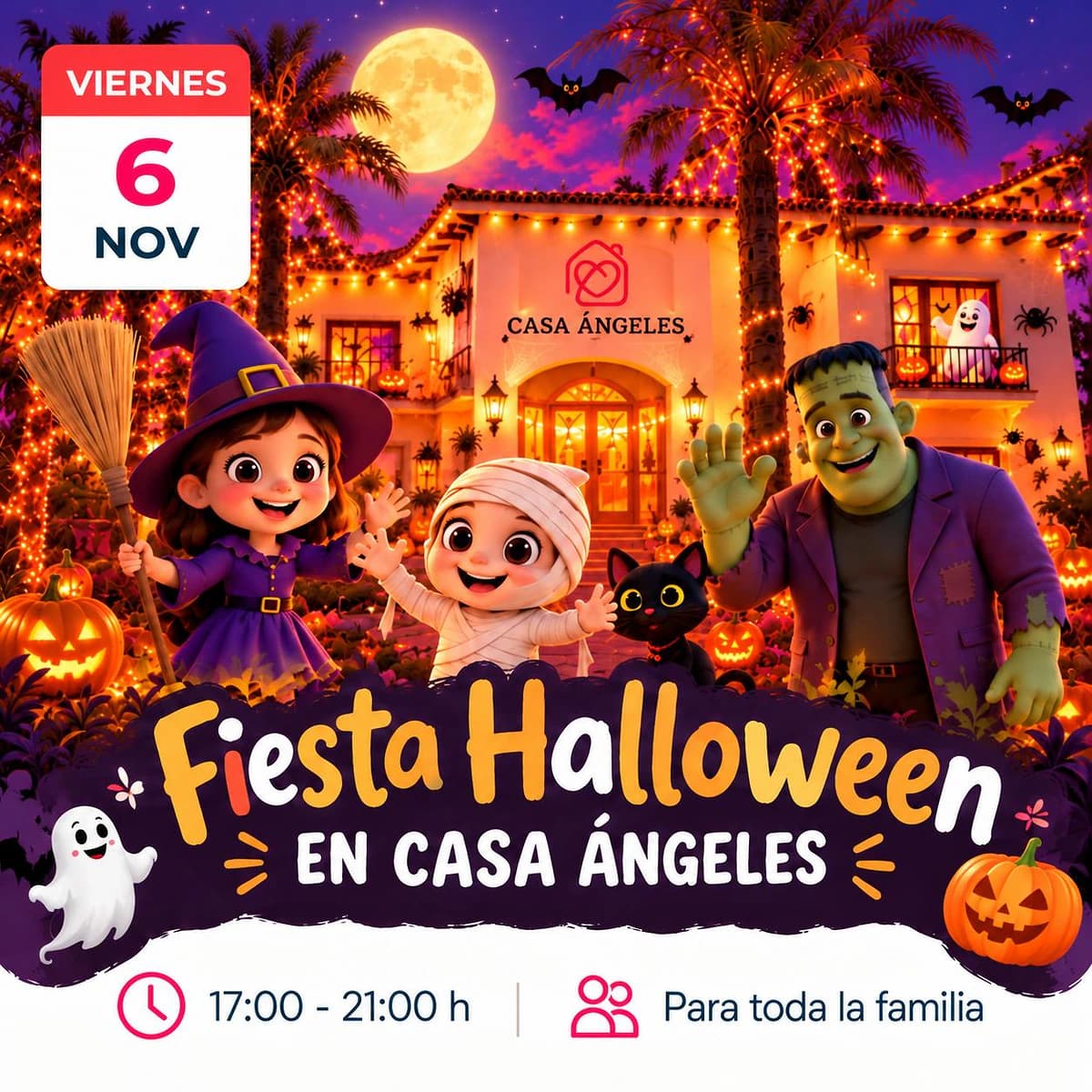 Cartel de la Fiesta Halloween en Casa Ángeles con niños disfrazados, personaje de Frankenstein, calabazas iluminadas y decoración nocturna de Halloween.