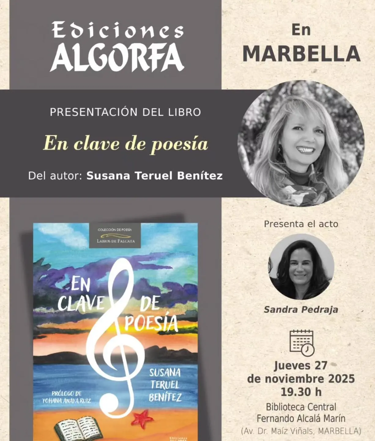 Poster by Ediciones Algorfa for the book presentation En clave de poesía by Susana Teruel Benítez in Marbella, showing the colourful book cover with a sea and sunset scene, black-and-white photos of the author and of Sandra Pedraja, and the text “Thursday 27 November 2025, 7:30 pm, Fernando Alcalá Marín Central Library, Marbella”.