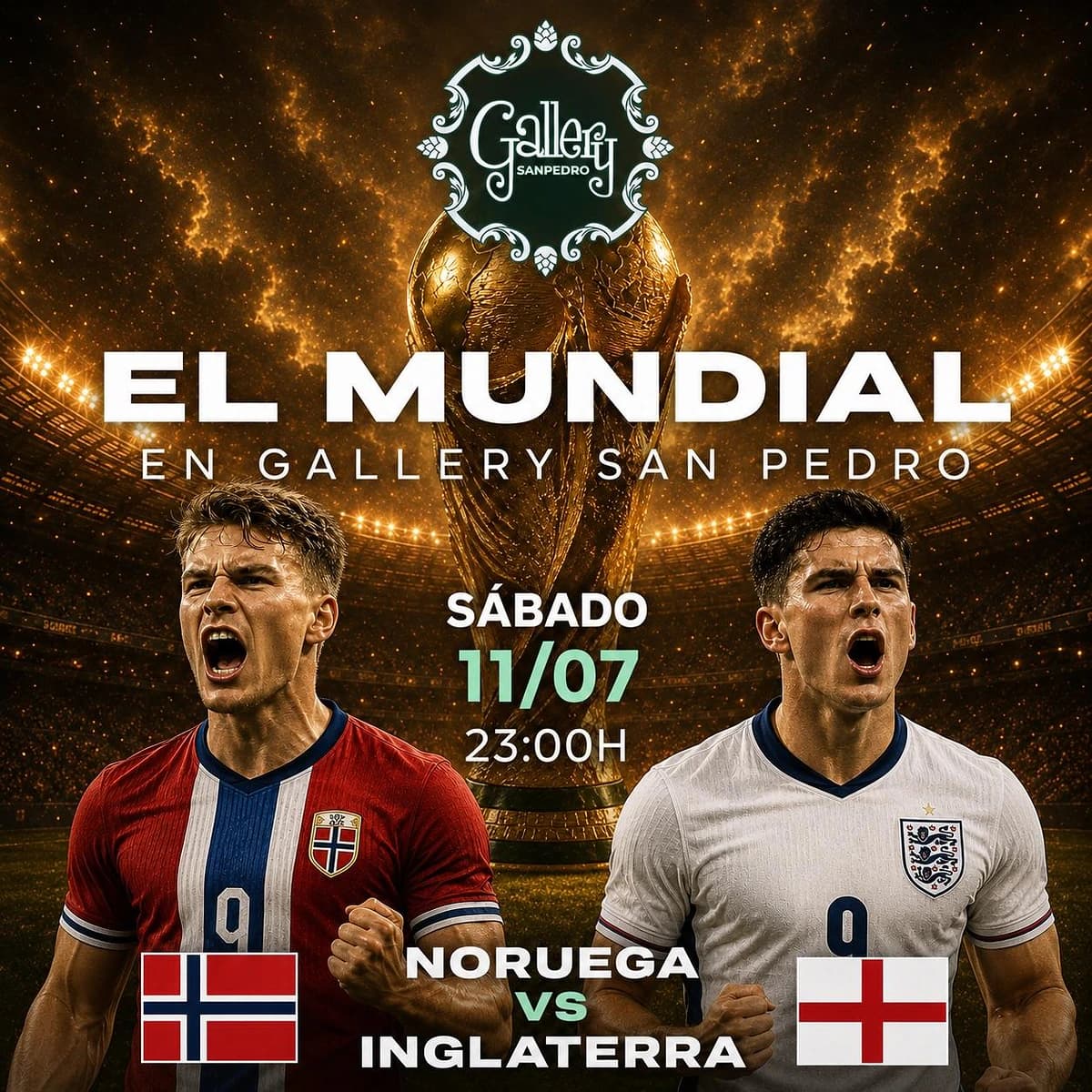 Cartel del partido Noruega vs Inglaterra de cuartos de final del Mundial 2026 en Gallery San Pedro, con ambiente de fútbol, pantallas grandes y plan de noche.