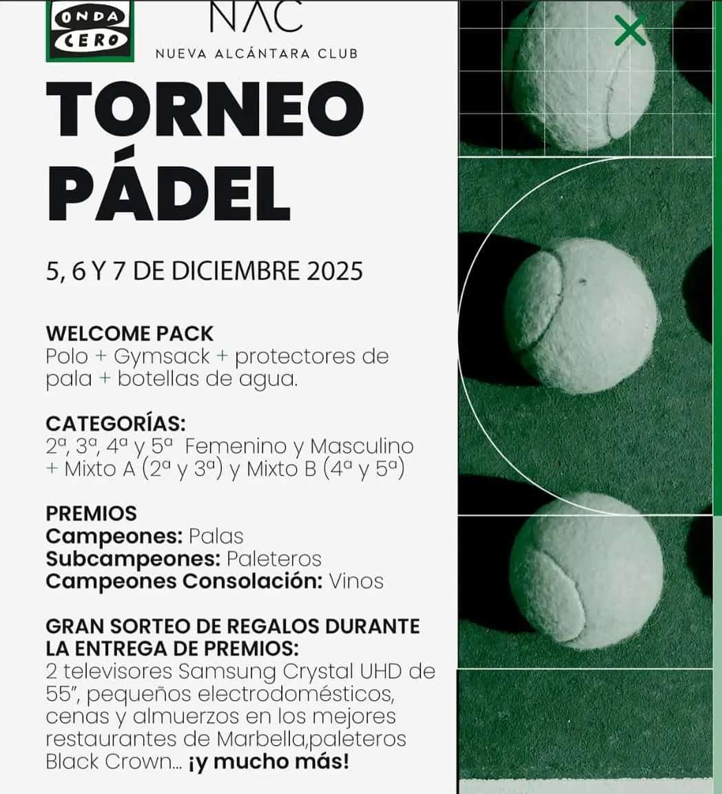 Cartel del Torneo de Pádel Onda Cero en Nueva Alcántara Club: fondo dividido en dos, a la izquierda zona blanca con los logos de Onda Cero y NAC, el título grande “Torneo Pádel” y la fecha 5, 6 y 7 de diciembre 2025; debajo se detallan welcome pack (polo, gymsack, protectores de pala, botellas de agua), categorías masculinas, femeninas y mixtas, premios y gran sorteo de regalos. A la derecha se ve una pista verde con varias pelotas de pádel en fotografía artística cenital.