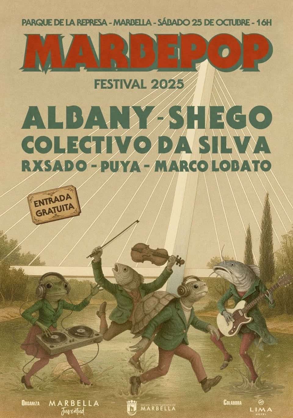Cartel vintage con texto “MARBEPOP Festival 2025”, línea “Parque de la Represa — Marbella — Sábado 25 de octubre — 16H”, “Entrada gratuita” y cartel con artistas: Albany, Shego, Colectivo da Silva, Rxsado, Puya y Marco Lobato; logos de Marbella Juventud y Ayuntamiento.