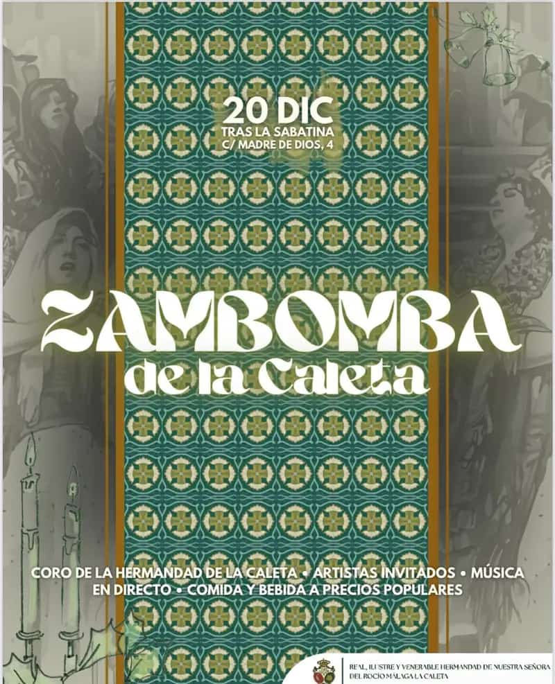 Imagen del cartel del evento que muestra decoraciones festivas y motivos navideños para el evento Zambomba en Casa Hermandad el 20 de diciembre.