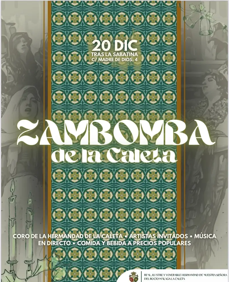 Imagen del cartel del evento que muestra decoraciones festivas y motivos navideños para el evento Zambomba en Casa Hermandad el 20 de diciembre.