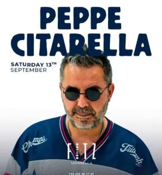 Cartel con retrato de Peppe Citarella, texto “Saturday 13th September” y logos de FITZ/Union; evento en FITZ Marbella con apertura 23:59 y entrada 25 € con consumición.