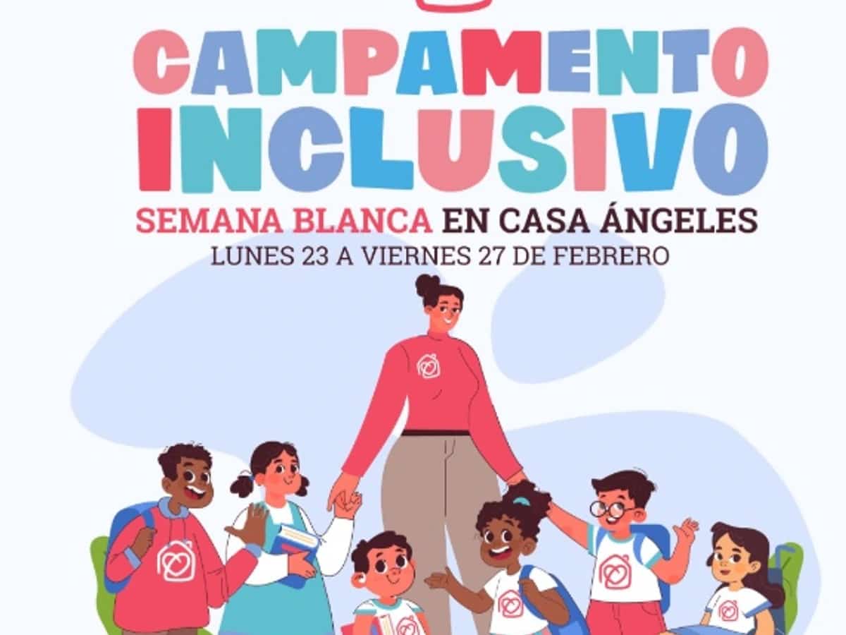 Illustration showing an inclusive children’s camp scene with diverse boys and girls, including a child in a wheelchair, standing with a monitor. Promotional poster for Inclusive Camp White Week at Casa Ángeles Marbella focused on inclusion, adapted activities, and child development.