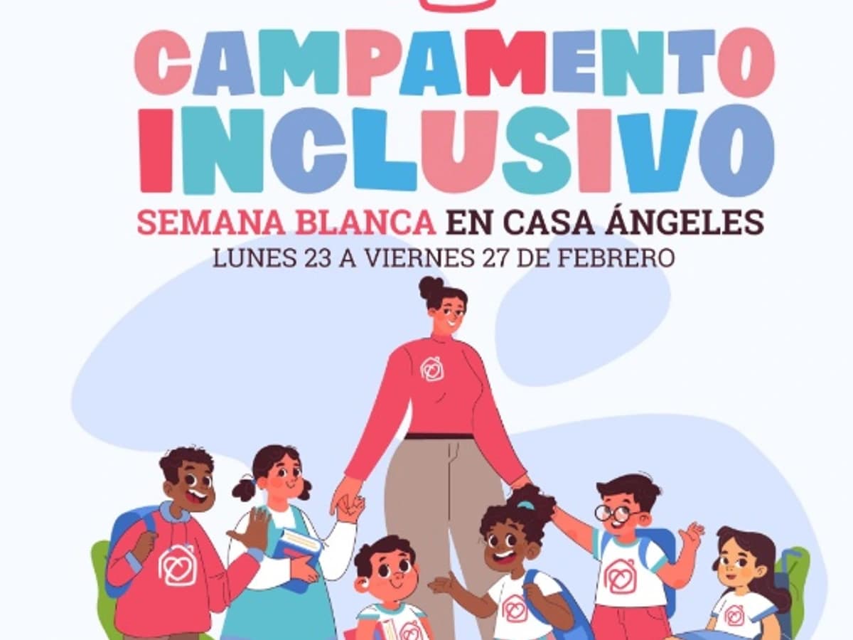 Illustration showing an inclusive children’s camp scene with diverse boys and girls, including a child in a wheelchair, standing with a monitor. Promotional poster for Inclusive Camp White Week at Casa Ángeles Marbella focused on inclusion, adapted activities, and child development.
