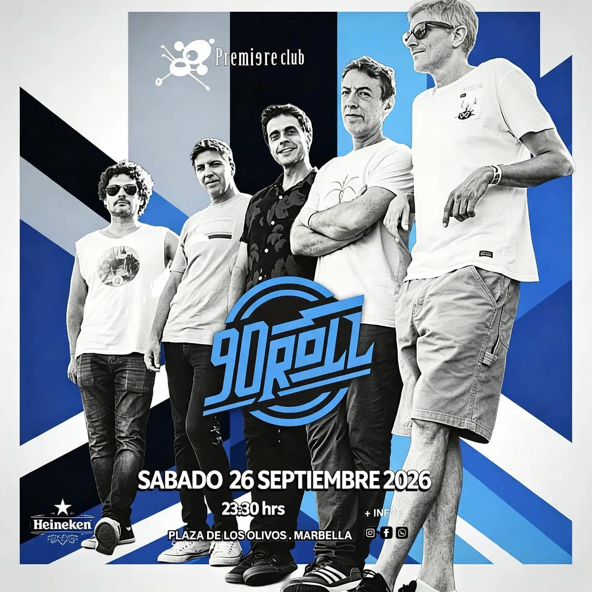 Cartel de 90Roll con cinco miembros de la banda en blanco y negro frente a un diseño geométrico azul, negro y blanco, anunciando el sábado 26 de septiembre de 2026 a las 23:30 h en Marbella.