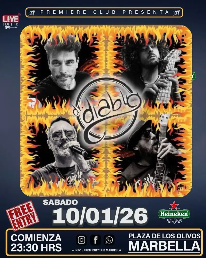 Cartel del evento para Dr. Diablo en Vivo en Premiere Club Marbella el 10 de enero. La imagen incluye detalles del evento e información de entrada libre.