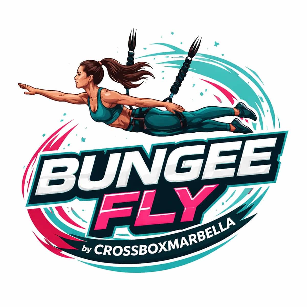 Ilustración de Bungee Fly en CrossBox Marbella con deportista suspendida por arnés elástico, entrenamiento aéreo de cardio y fuerza de bajo impacto en Marbella.