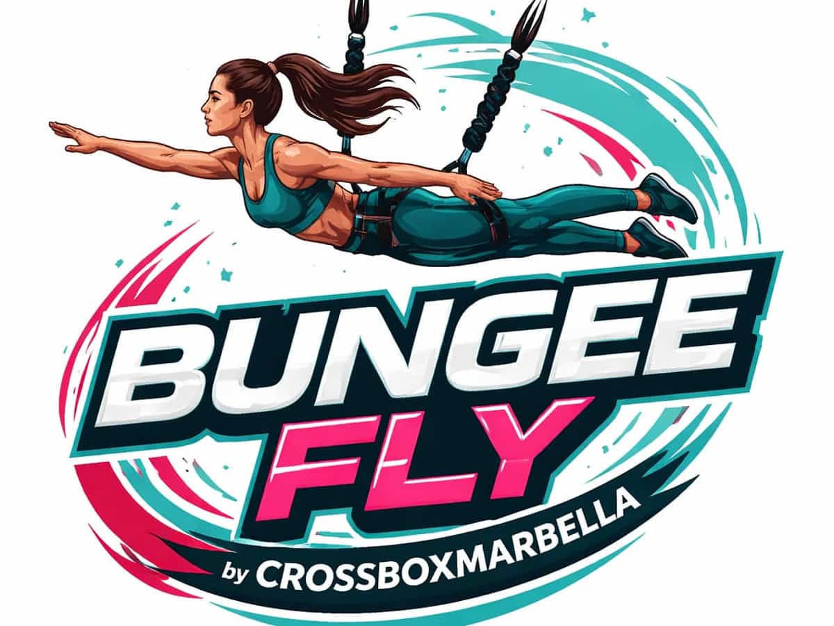 Bungee Fly illustration at CrossBox Marbella showing an athlete suspended with elastic harness, aerial fitness training focused on cardio and low-impact strength in Marbella.