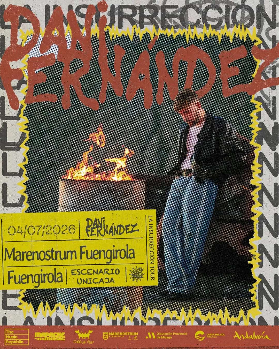Dani Fernández performing live during The Insurrection Tour 2026, singing on stage in a high-energy concert atmosphere.