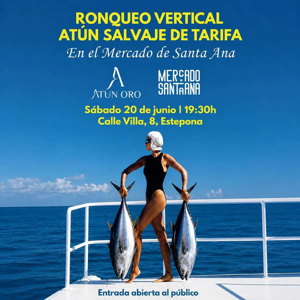 Cartel del ronqueo vertical de atún salvaje de Tarifa en Mercado Santa Ana Estepona, con entrada libre y degustación opcional de platos de atún.