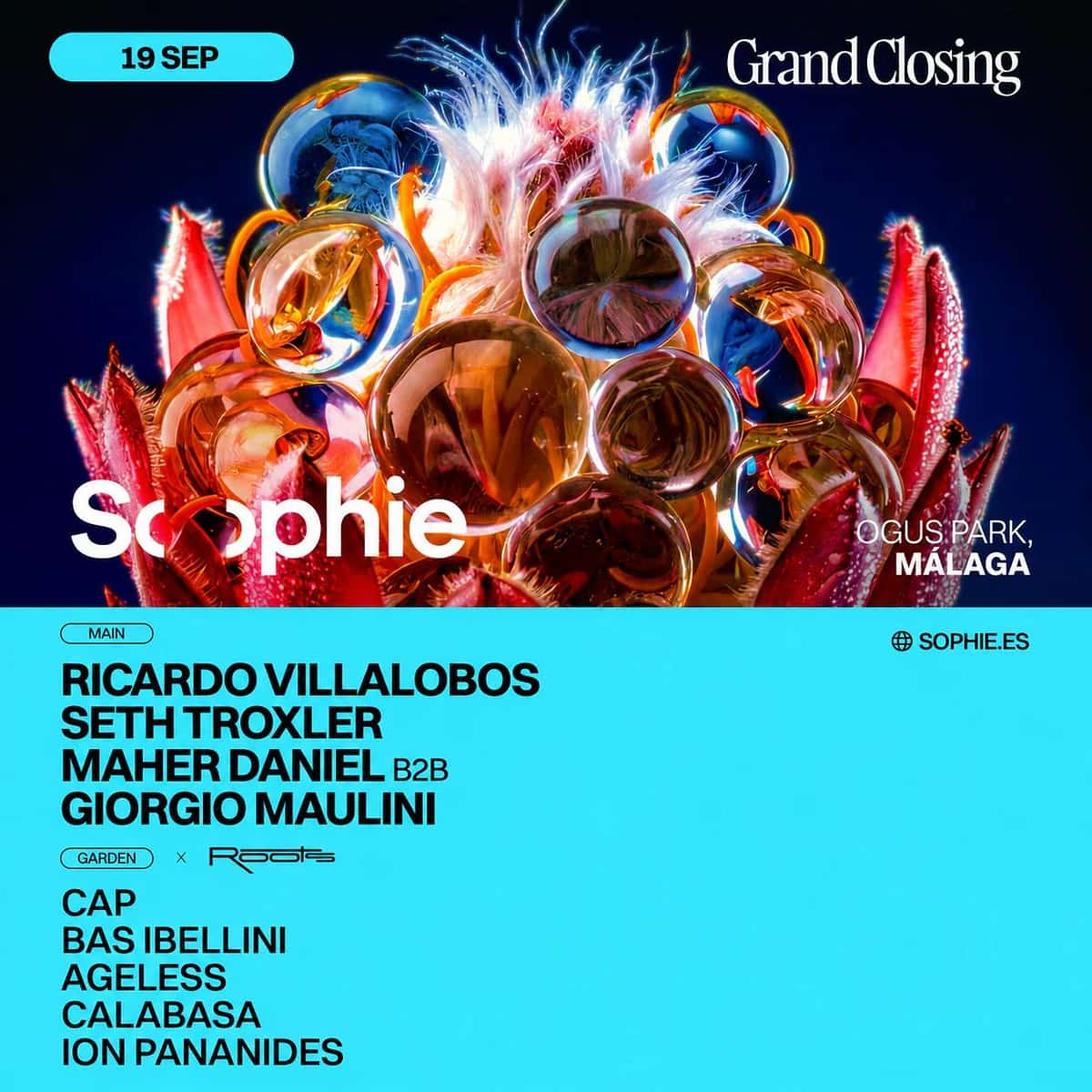 Cartel cuadrado del Grand Closing de Sophie Festival en Ogus Park, Málaga, con Ricardo Villalobos, Seth Troxler, Maher Daniel b2b Giorgio Maulini y programación Garden x Roots sobre un diseño floral abstracto en azul, rojo y turquesa.