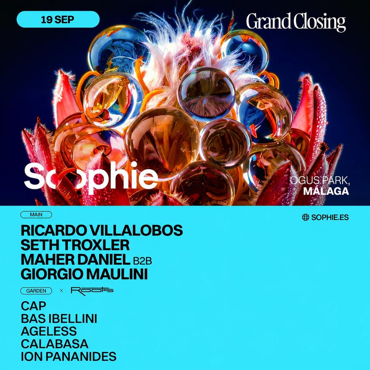 Cartel cuadrado del Grand Closing de Sophie Festival en Ogus Park, Málaga, con Ricardo Villalobos, Seth Troxler, Maher Daniel b2b Giorgio Maulini y programación Garden x Roots sobre un diseño floral abstracto en azul, rojo y turquesa.