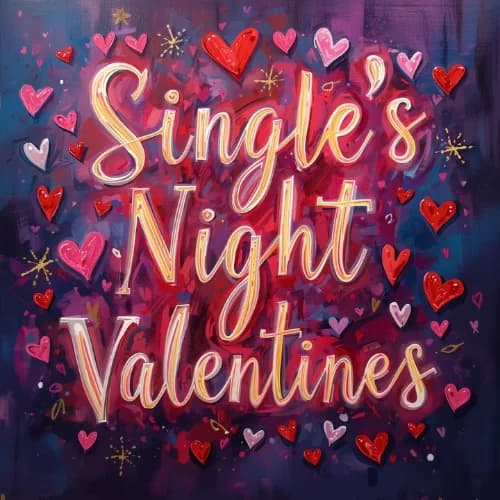 Cartel del evento Singles Night Valentine’s, con diseño colorido lleno de corazones y mensaje romántico para una noche de solteros.