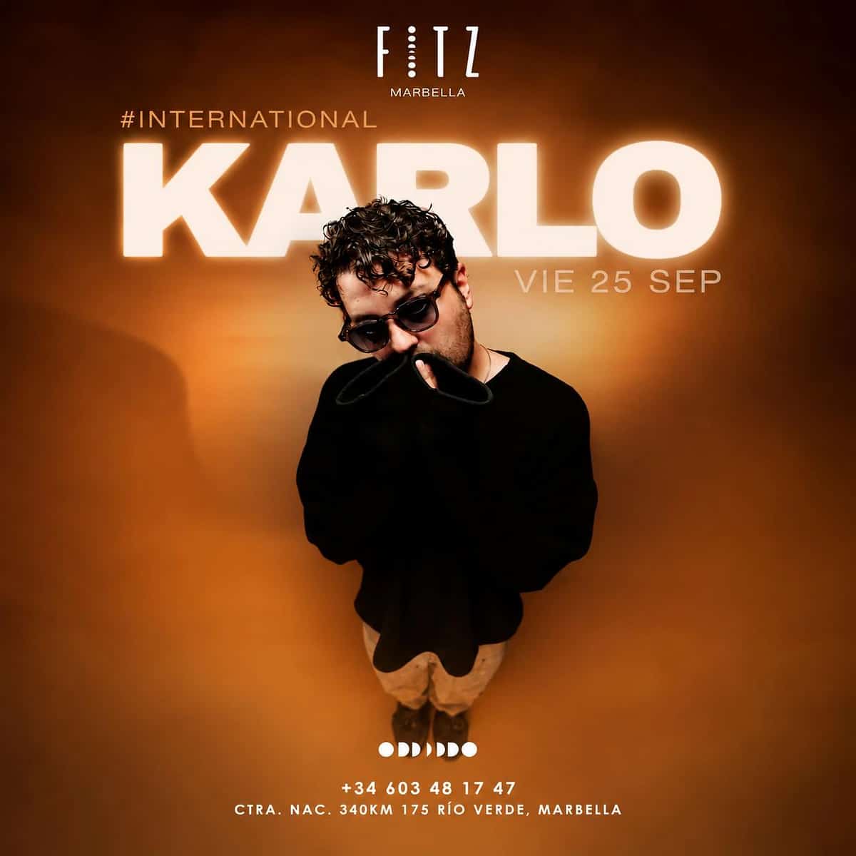 Karlo International at FITZ Marbella poster for 25 September, showing DJ Karlo dressed in black against an orange background with the FITZ logo.