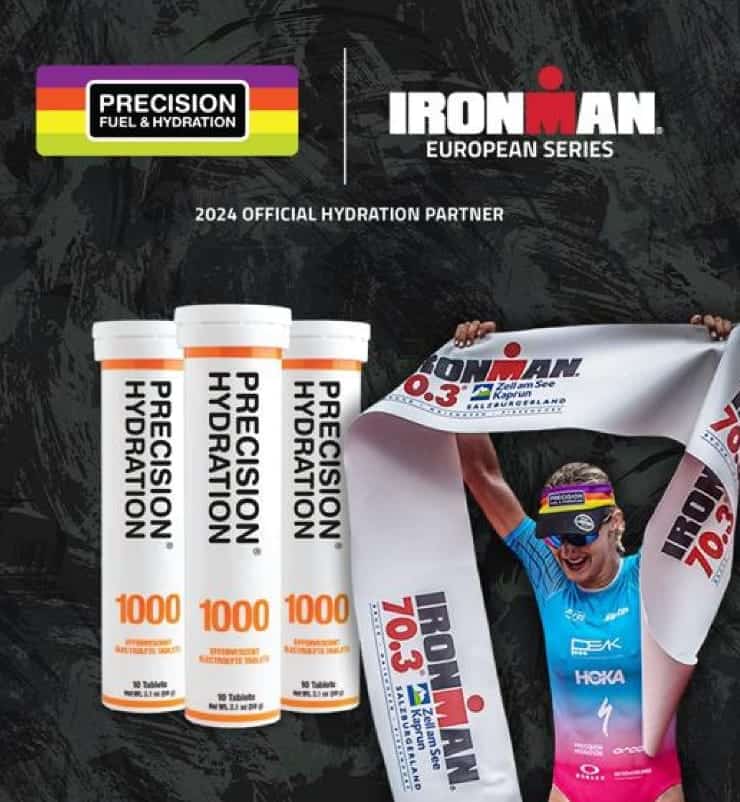 Three Precision Hydration PH 1000 electrolyte tablet tubes next to an IRONMAN 70.3 finisher breaking the tape; PF&H × IRONMAN European Series