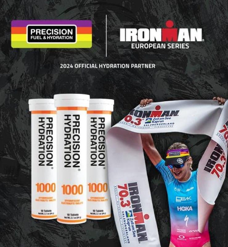 Tres tubos de tabletas de electrolitos Precision Hydration PH 1000 junto a una triatleta cruzando la meta del IRONMAN 70.3; gráfico de la alianza PF&H × IRONMAN European Series