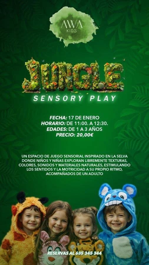 Taller de juego sensorial inspirado en la selva con materiales naturales, texturas y colores para niños pequeños.