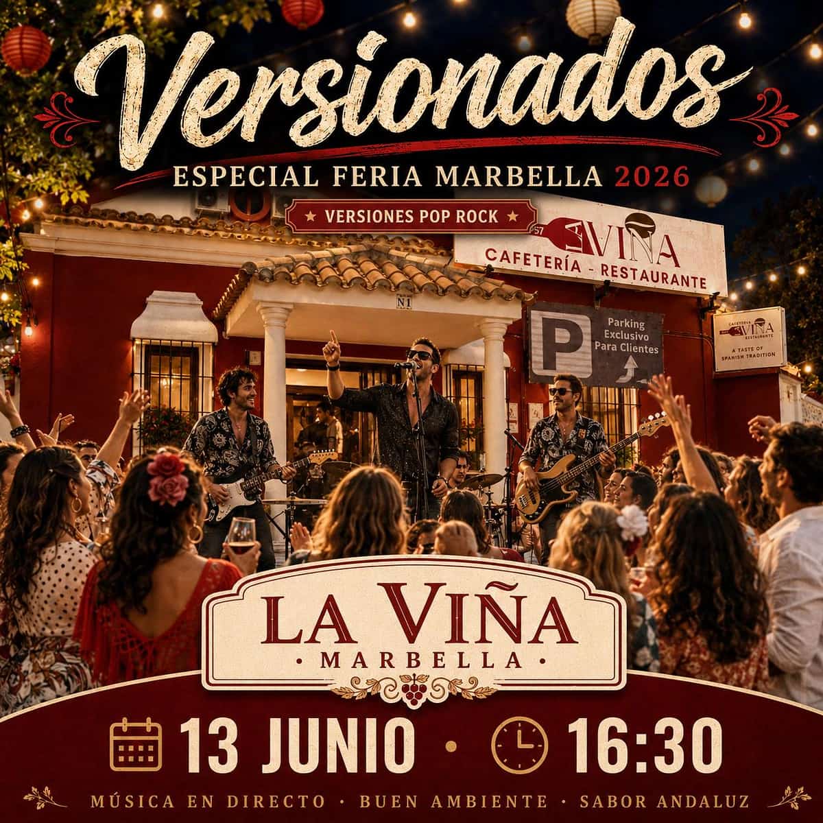 Cartel de Versionados en La Viña Marbella durante la Feria de San Bernabé 2026, tardeo pop-rock con música en directo.