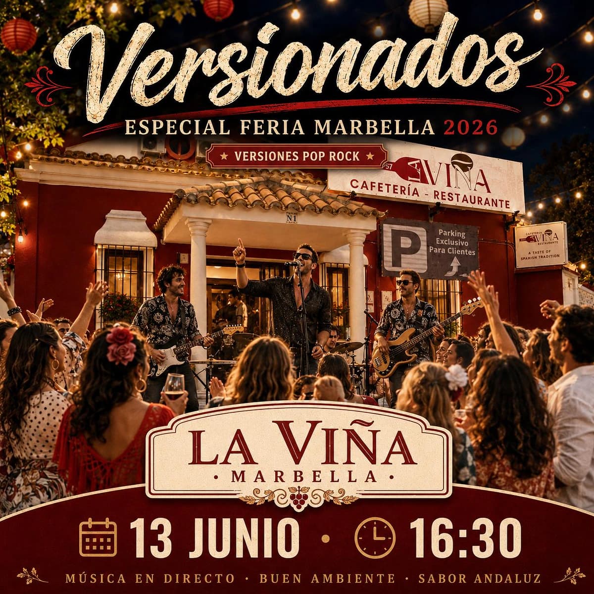 Cartel de Versionados en La Viña Marbella durante la Feria de San Bernabé 2026, tardeo pop-rock con música en directo.