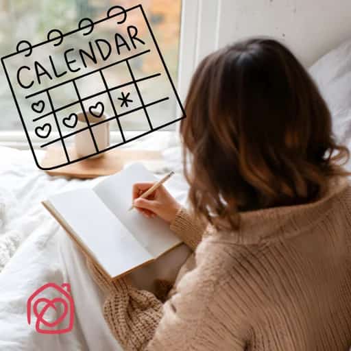Mujer escribiendo en un cuaderno mientras planifica su calendario, representando un taller para organizar y planificar el año 2026.