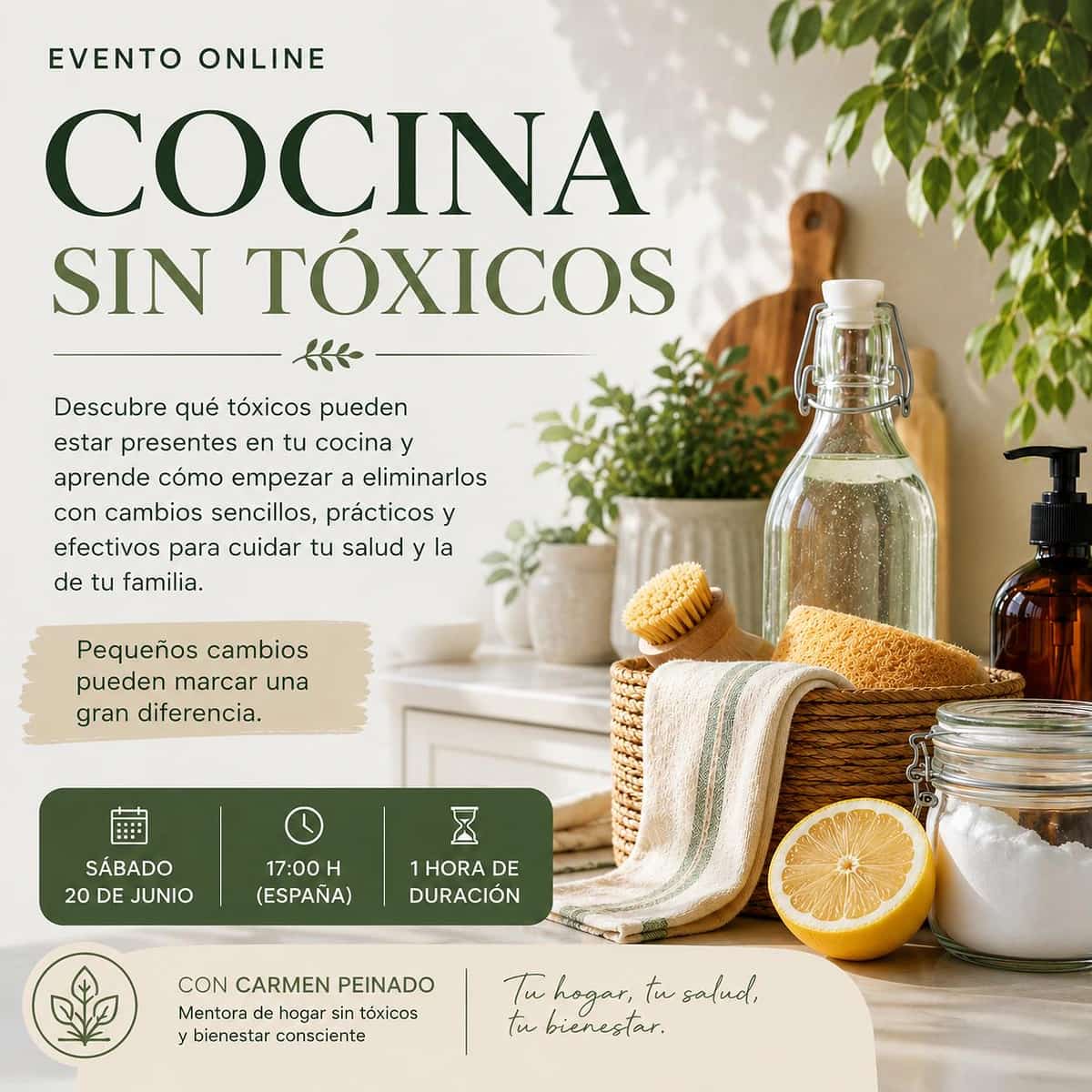 Cartel del evento online Cocina sin tóxicos de Carmen Peinado sobre hábitos saludables, bienestar y mejoras prácticas para una cocina más consciente.